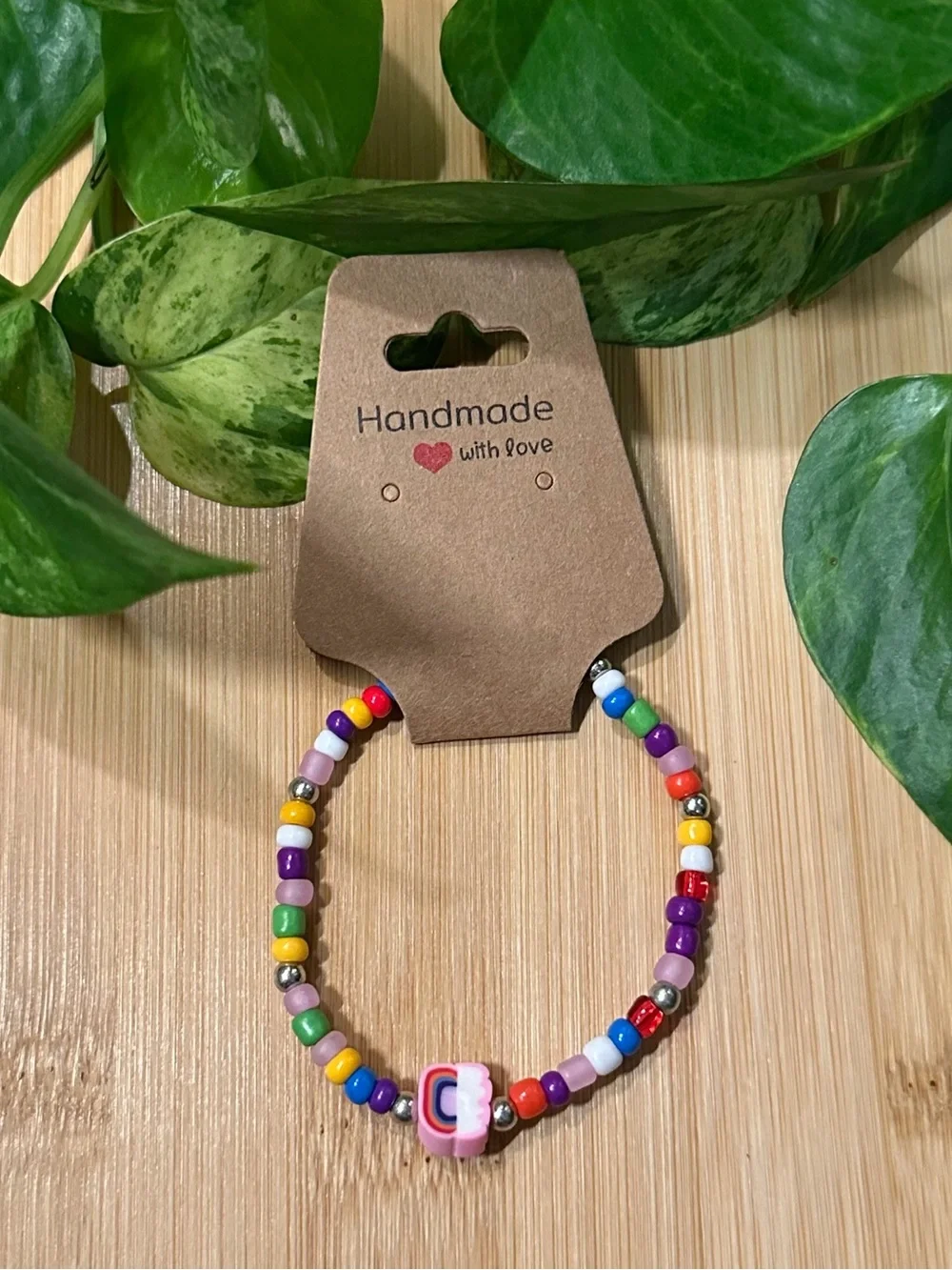 🌈✨ Rainbow Stretchy Beaded‎ Bracelet | Handmade | Clay Rainbow Charm 🌈